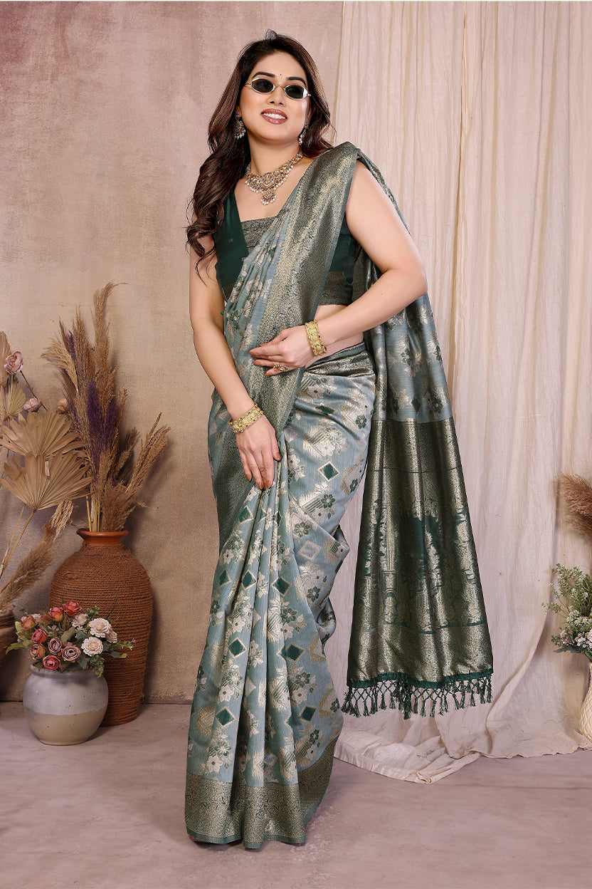 Green Cotton Blend Jacquard Zari Saree