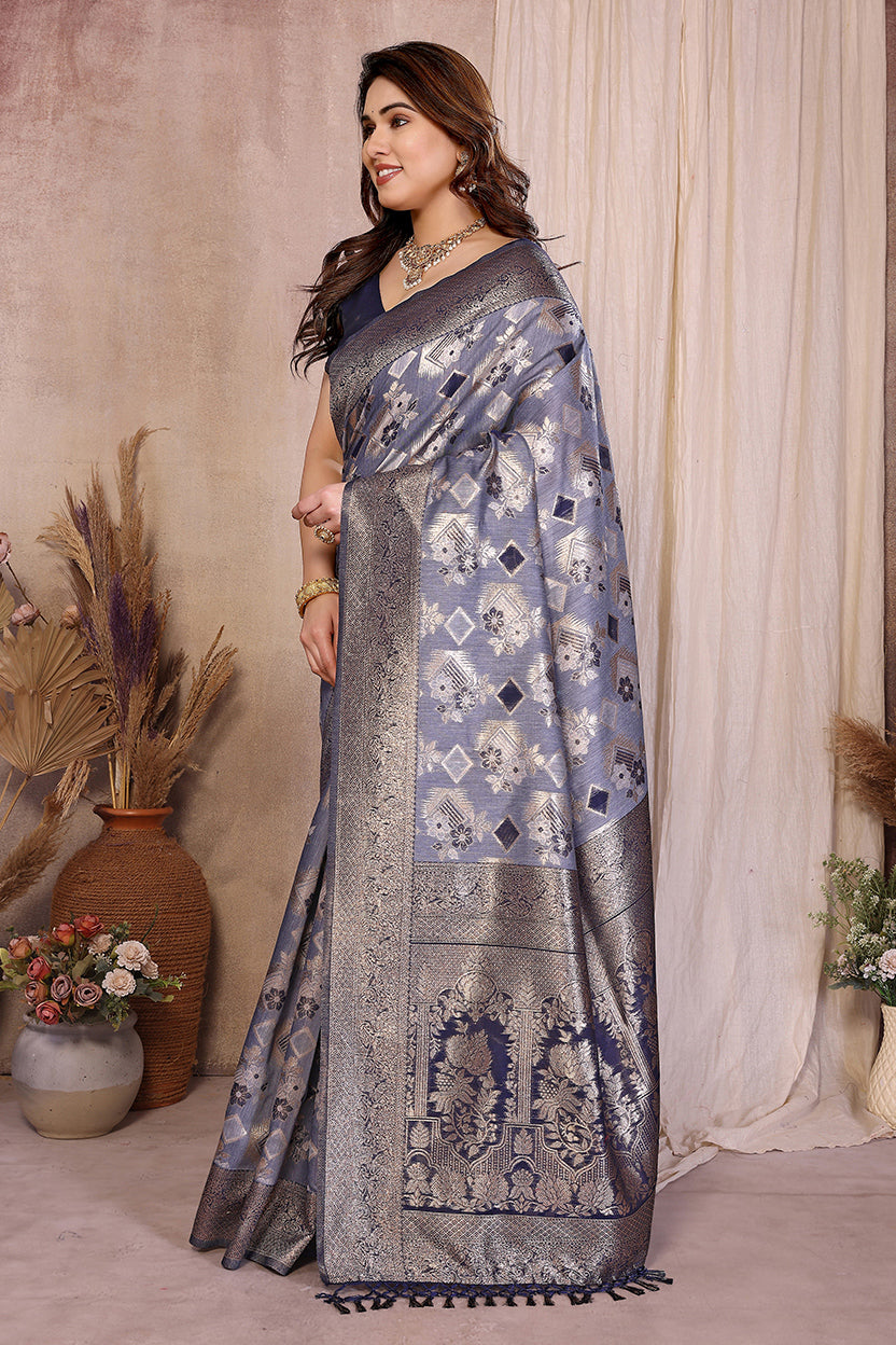 Blue Cotton Blend Jacquard Zari Saree