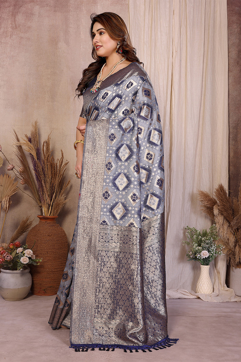 Blue Cotton Blend Jacquard Zari Saree