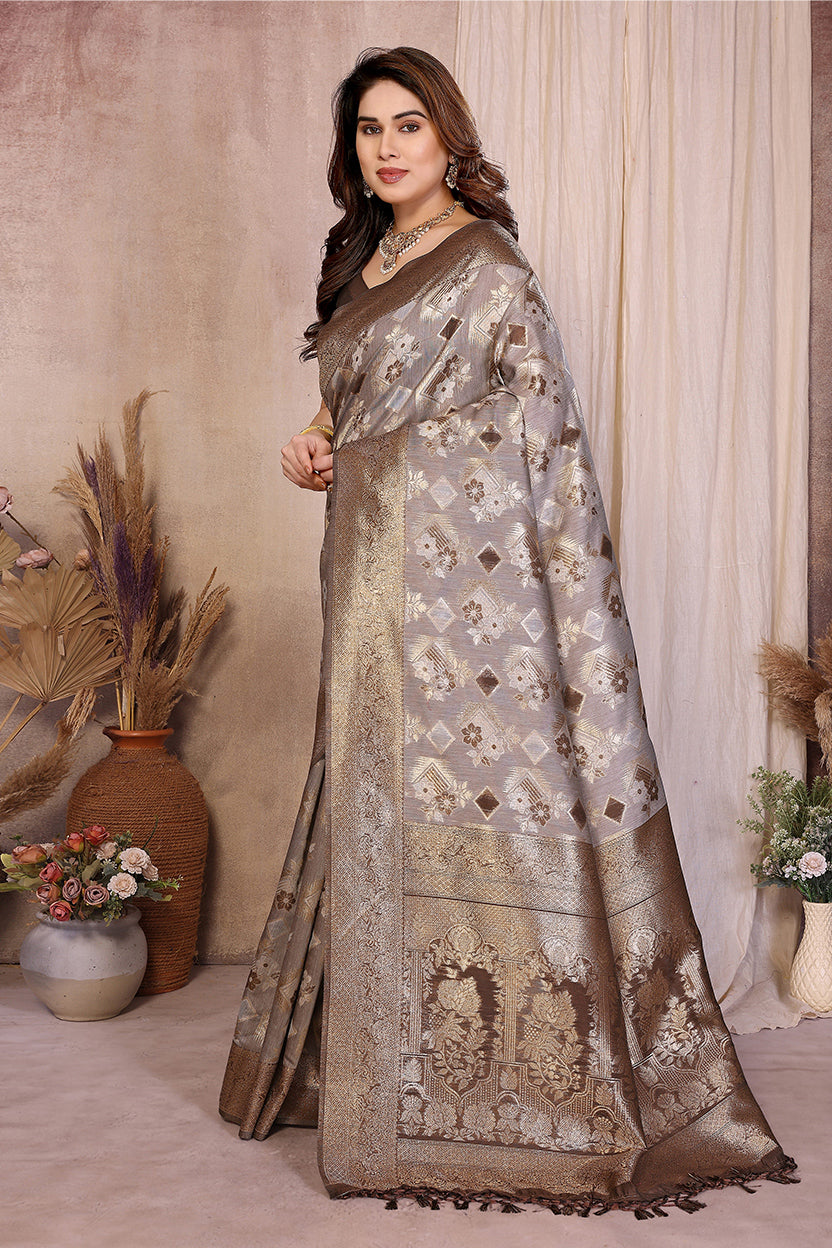 Brown Cotton Blend Jacquard Zari Saree