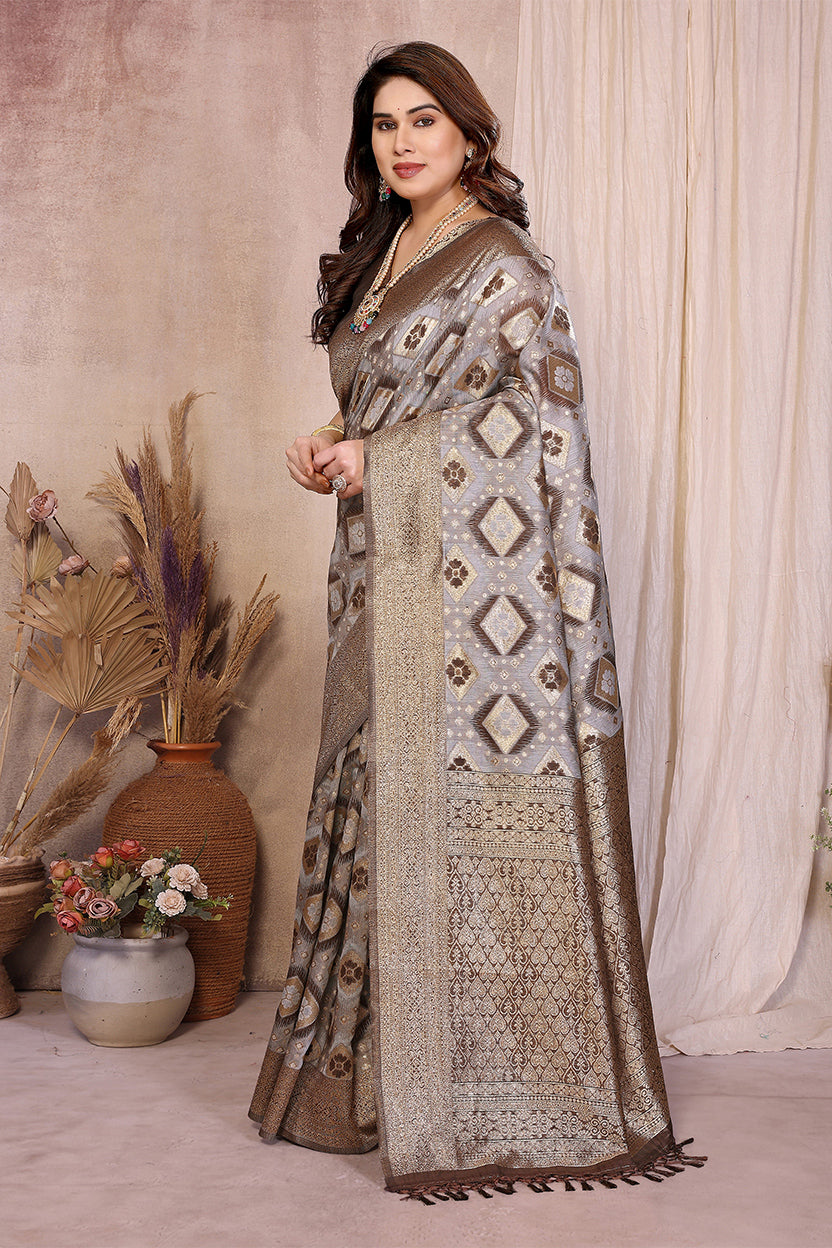 Brown Cotton Blend Jacquard Zari Saree