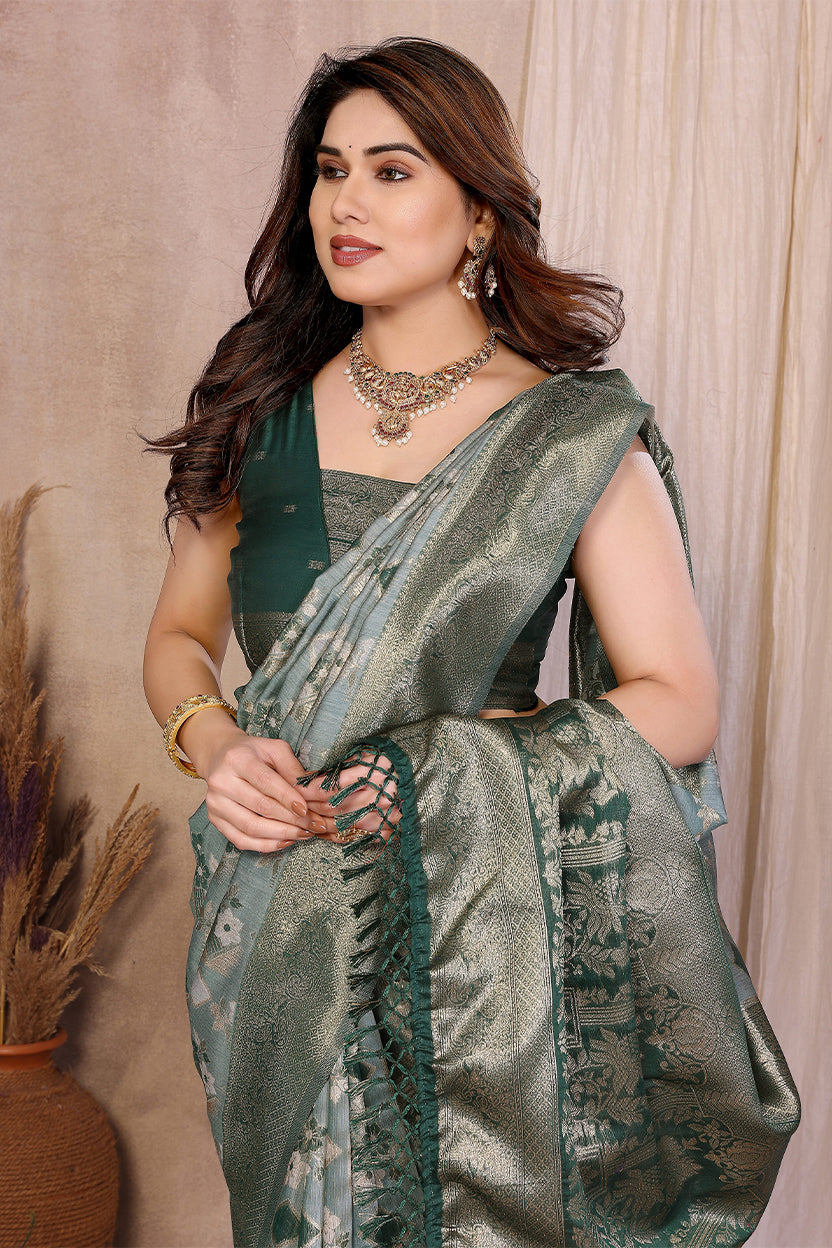 Green Cotton Blend Jacquard Zari Saree