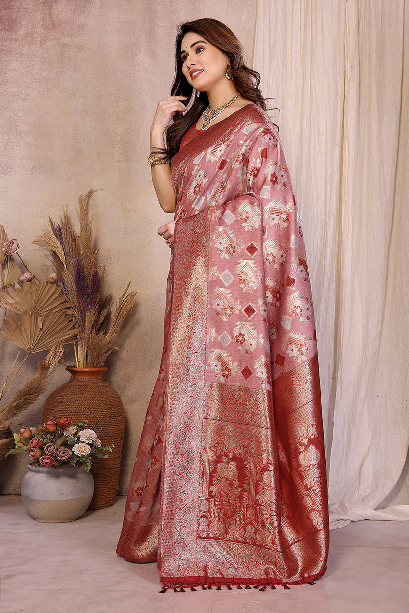 Red Cotton Blend Jacquard Zari Saree