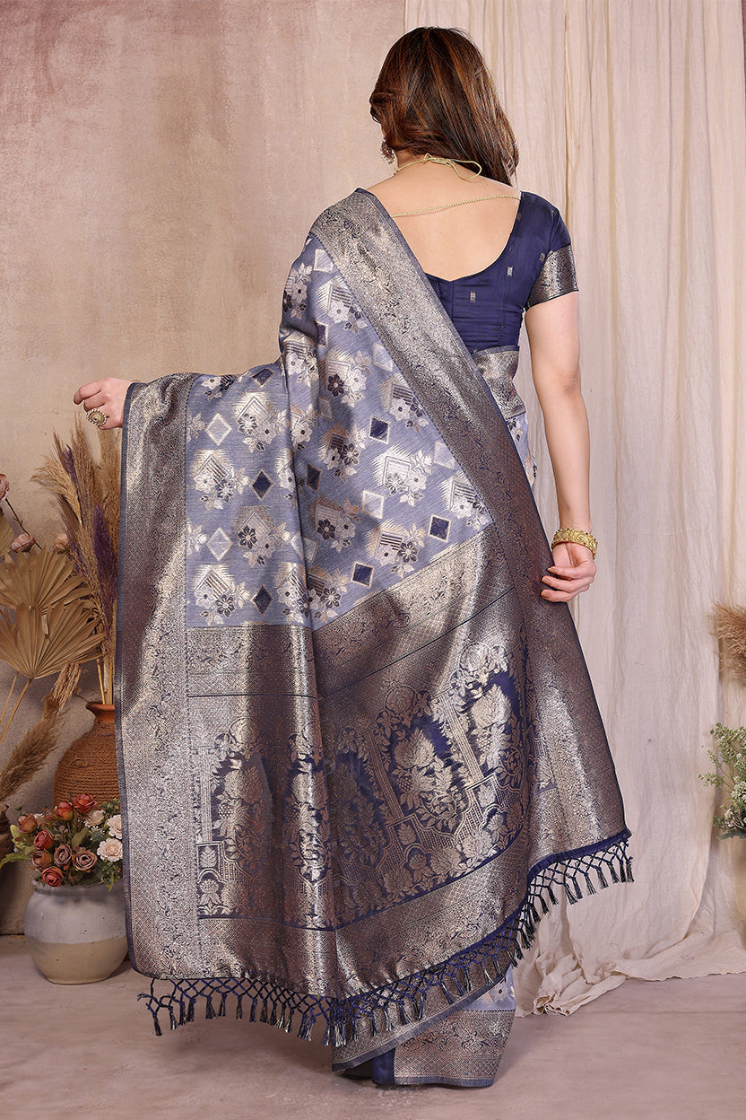 Blue Cotton Blend Jacquard Zari Saree