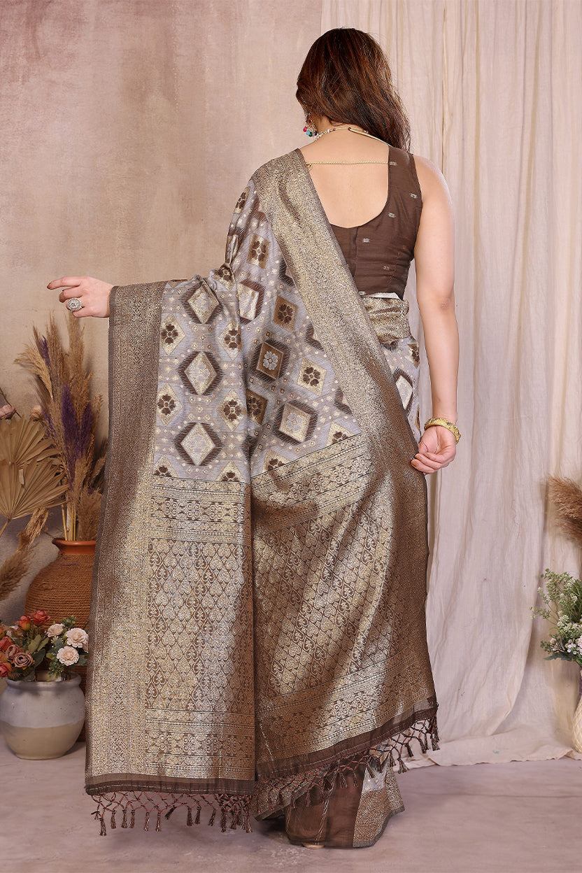 Brown Cotton Blend Jacquard Zari Saree