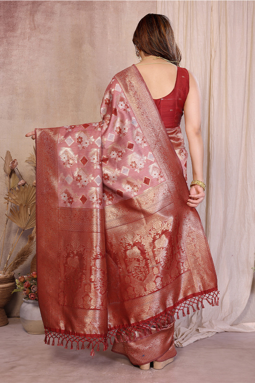 Red Cotton Blend Jacquard Zari Saree