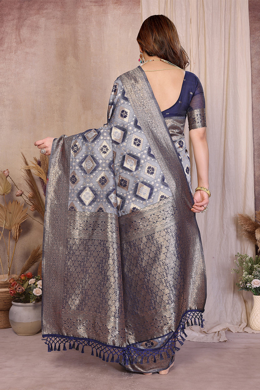 Blue Cotton Blend Jacquard Zari Saree