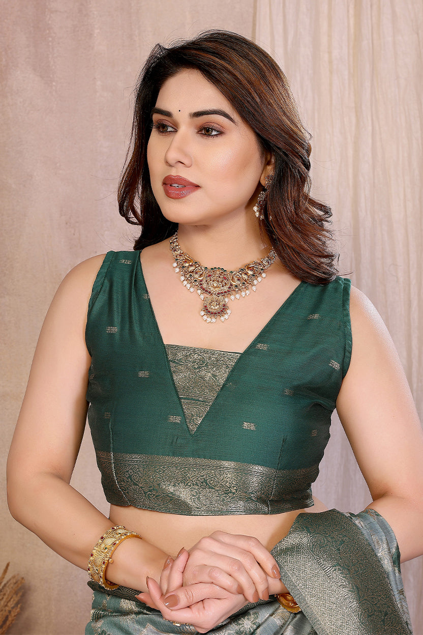 Green Cotton Blend Jacquard Zari Saree
