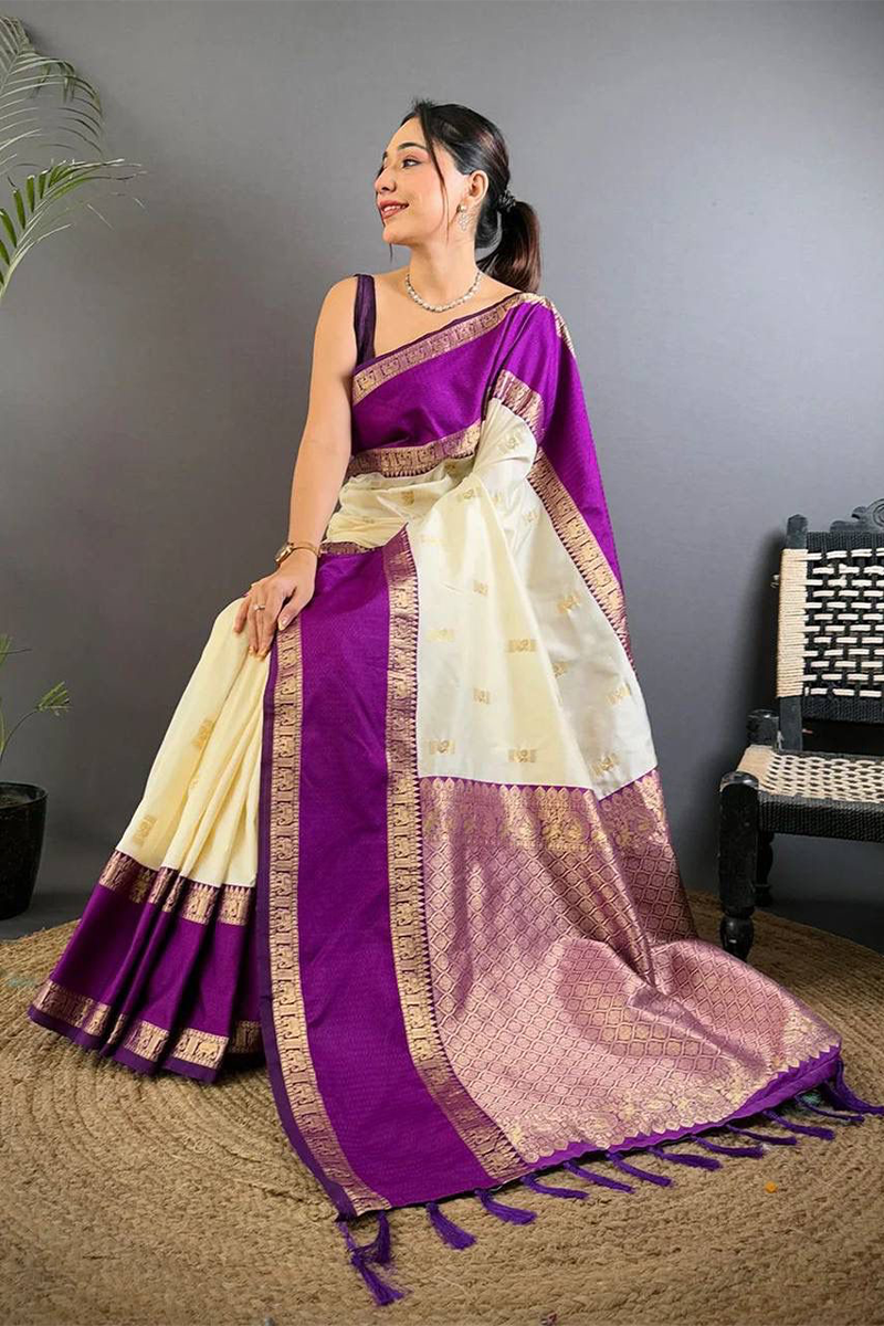 Cream Woven Kanjivaram Silk Saree