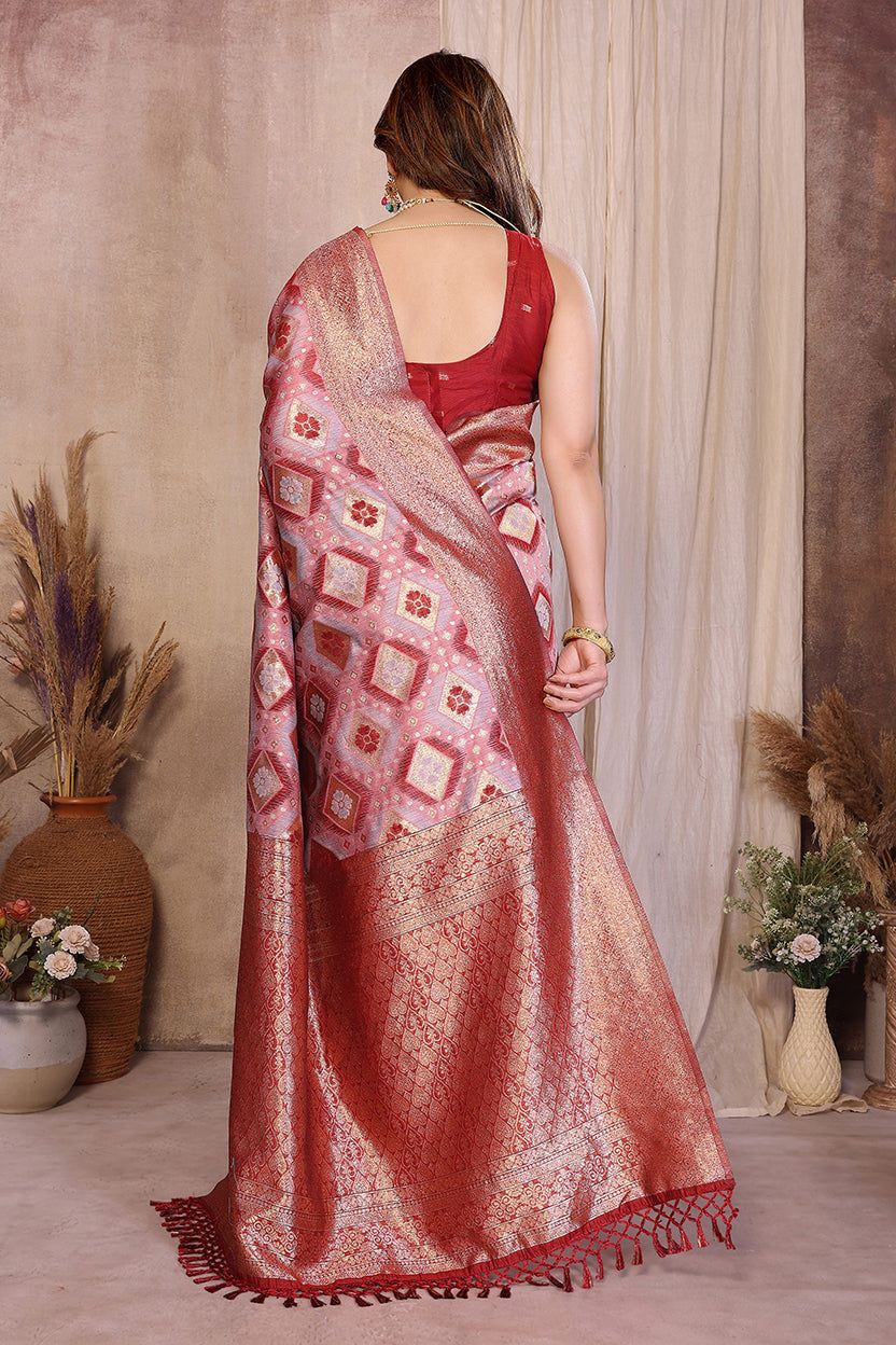 Red Cotton Blend Jacquard Zari Saree