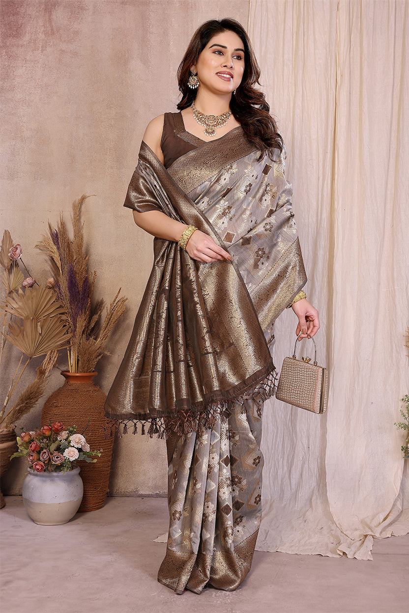 Brown Cotton Blend Jacquard Zari Saree