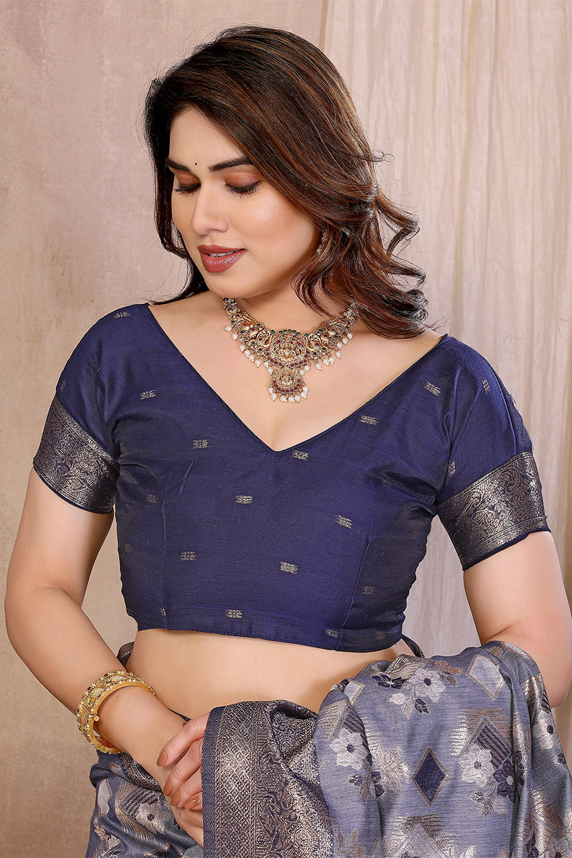 Blue Cotton Blend Jacquard Zari Saree