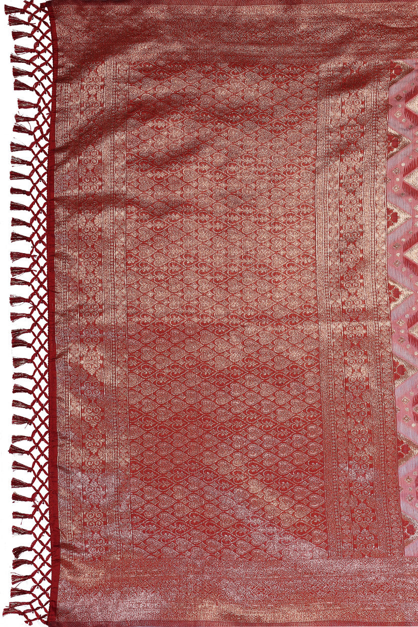 Red Cotton Blend Jacquard Zari Saree