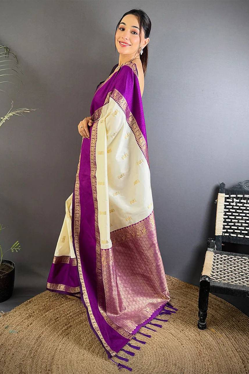 Cream Woven Kanjivaram Silk Saree
