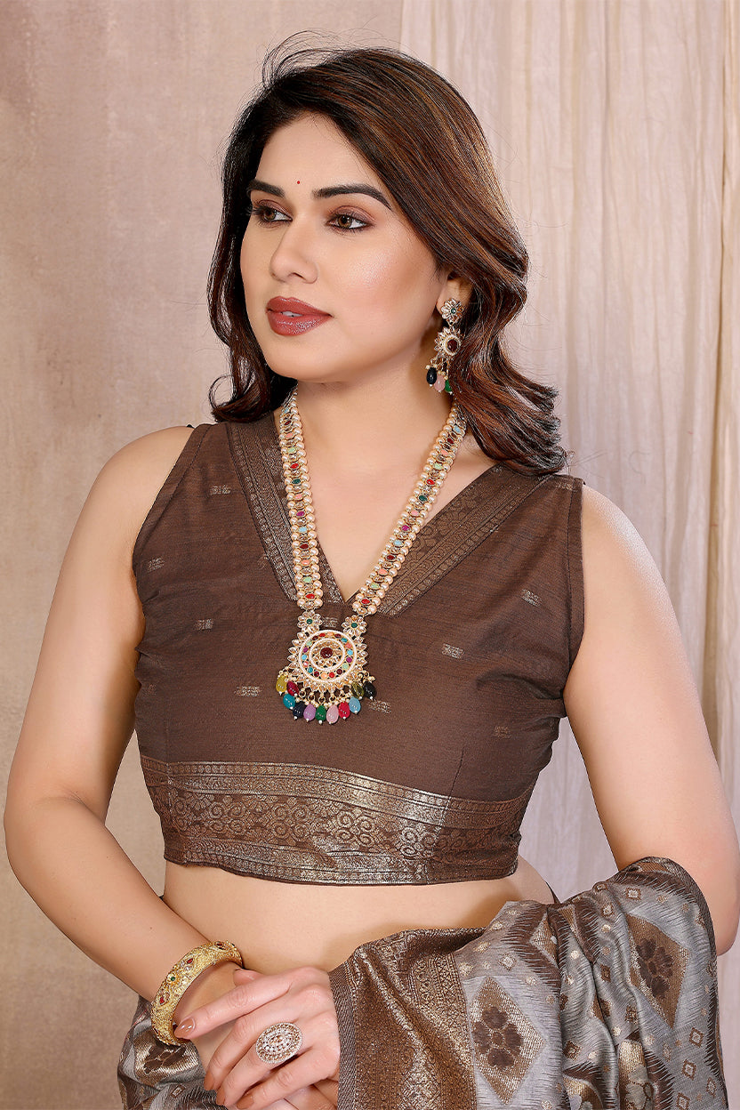 Brown Cotton Blend Jacquard Zari Saree
