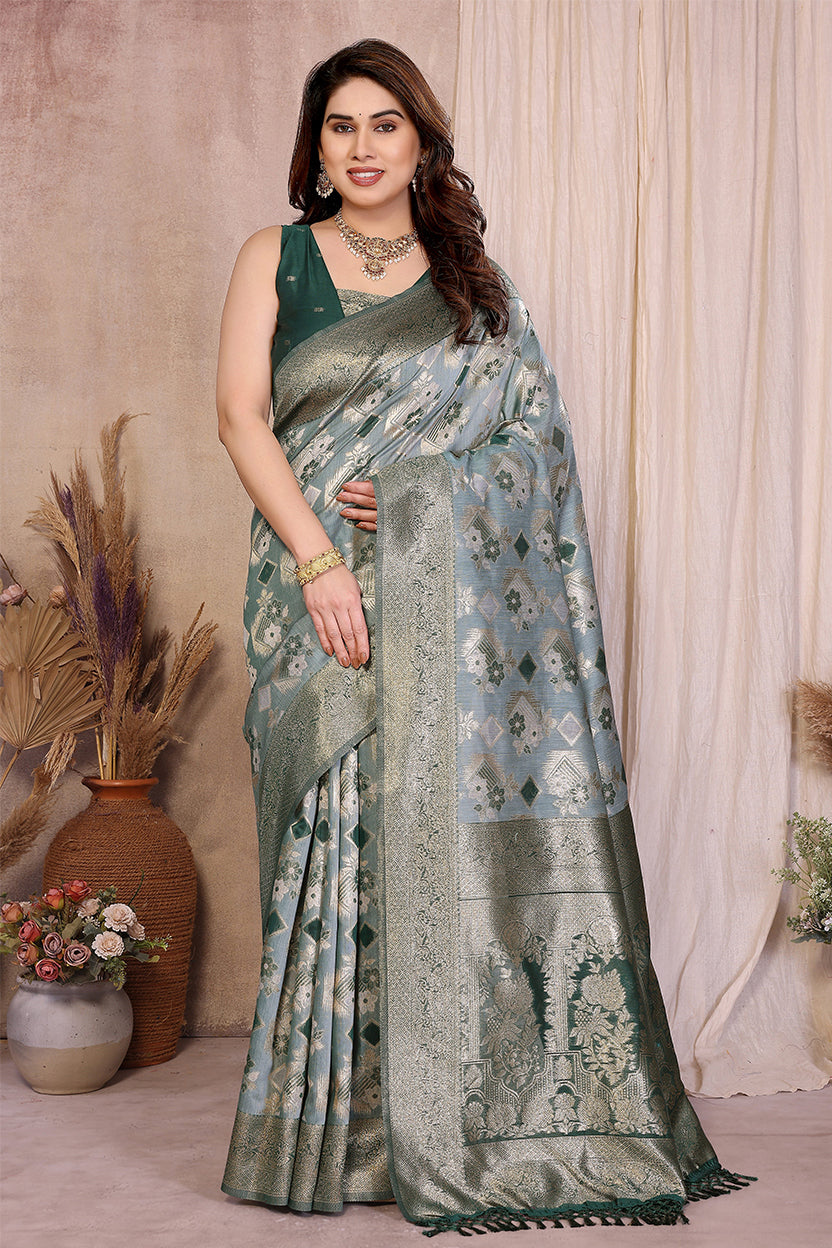 Green Cotton Blend Jacquard Zari Saree
