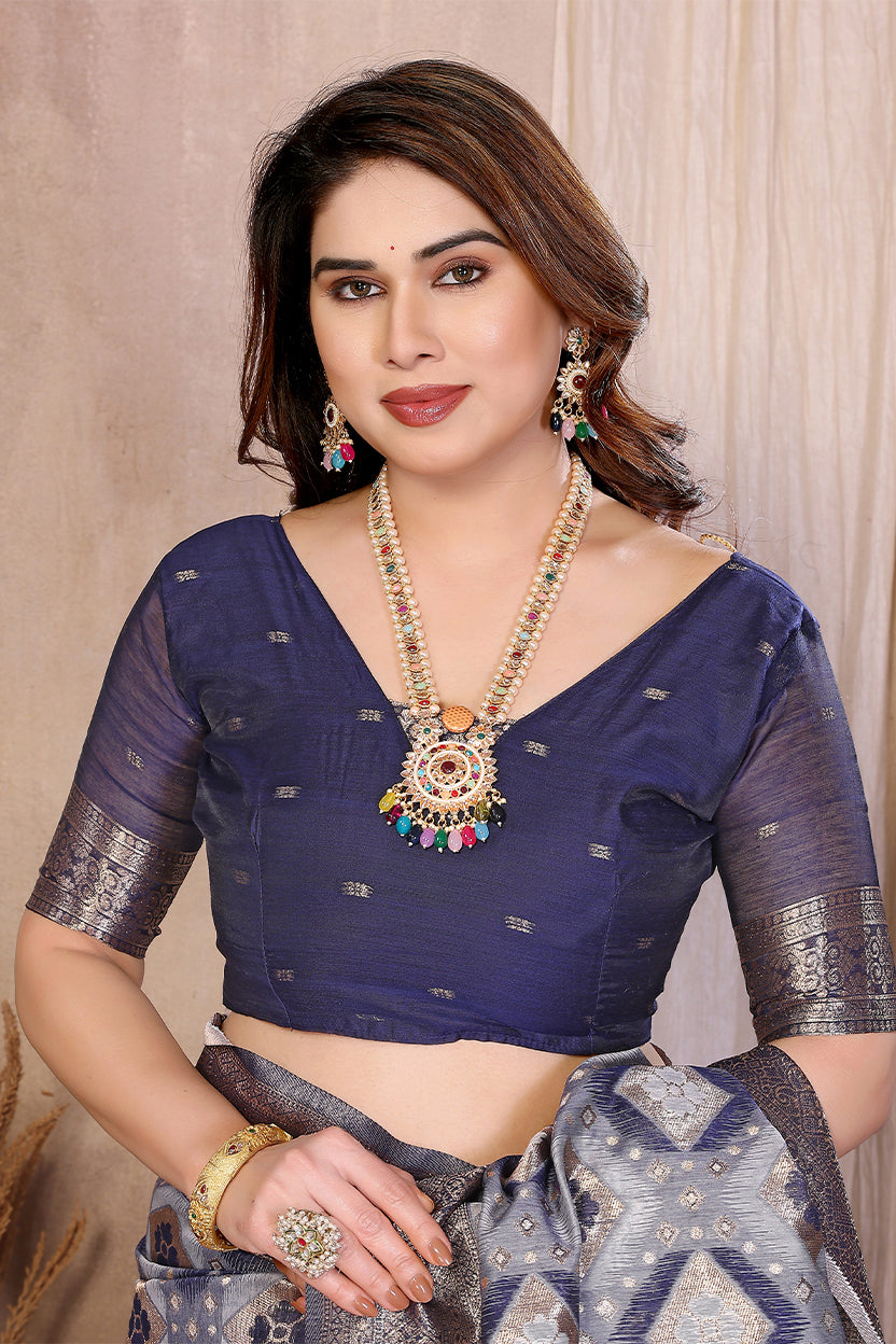 Blue Cotton Blend Jacquard Zari Saree