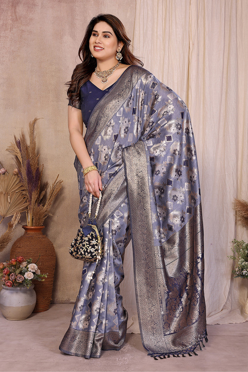 Blue Cotton Blend Jacquard Zari Saree