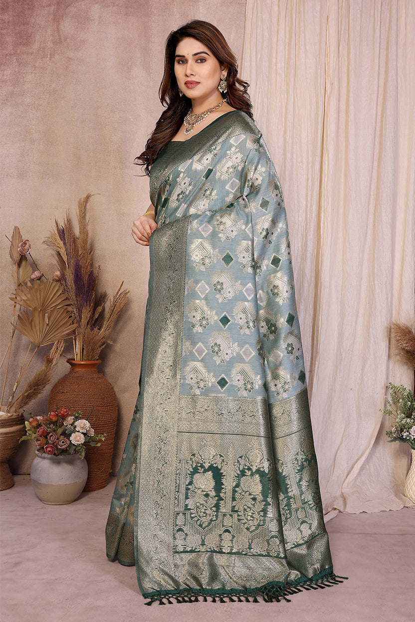 Green Cotton Blend Jacquard Zari Saree