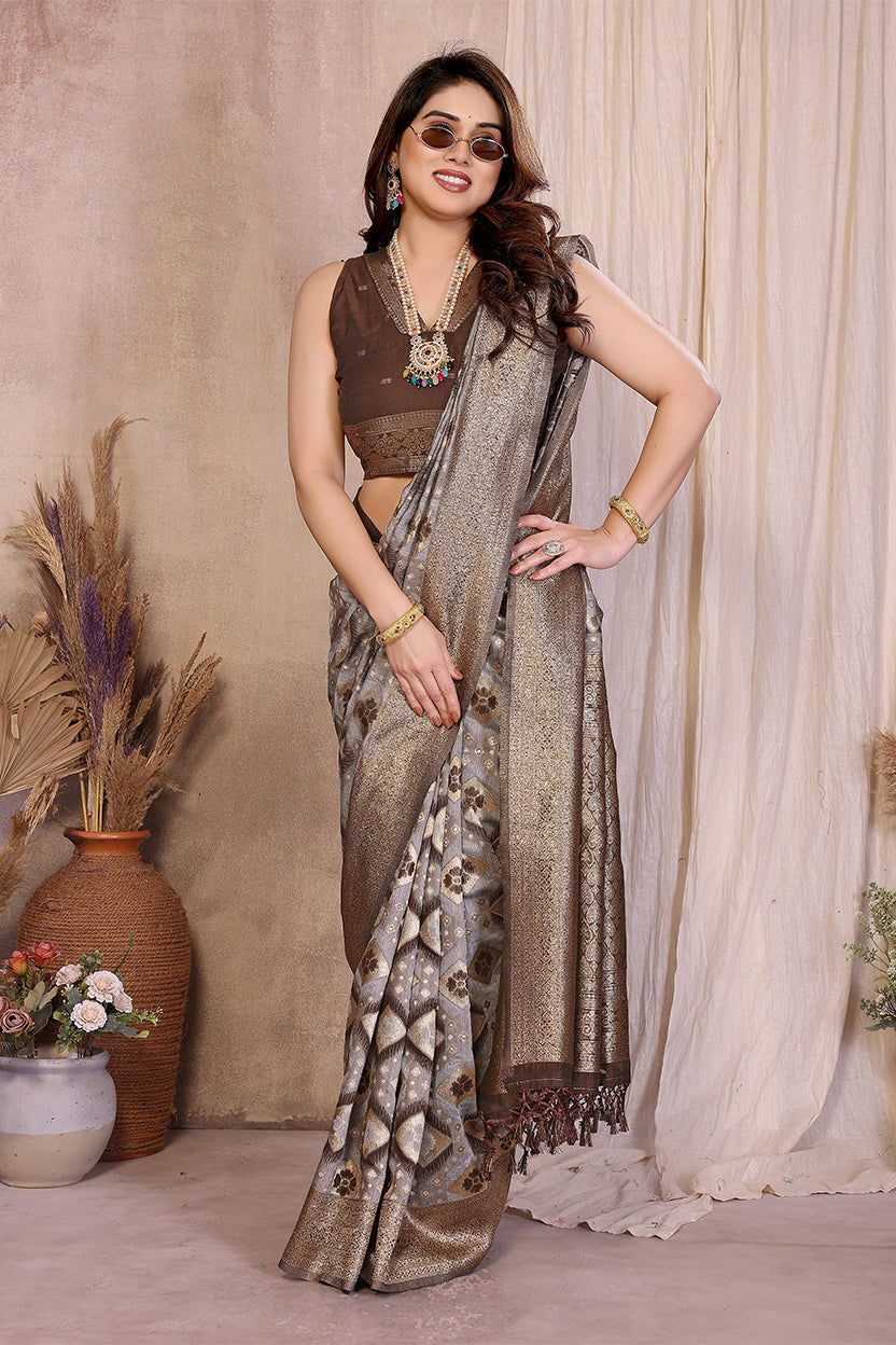 Brown Cotton Blend Jacquard Zari Saree