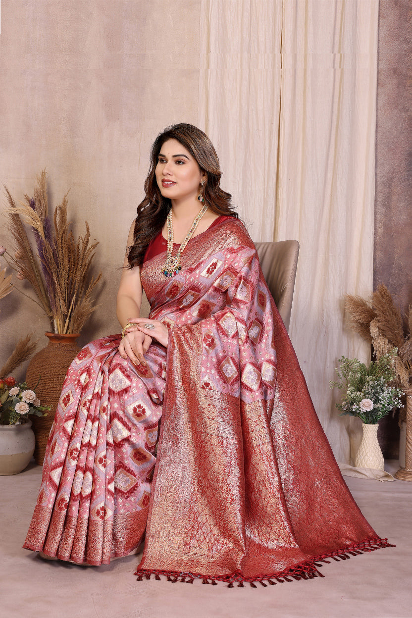 Red Cotton Blend Jacquard Zari Saree