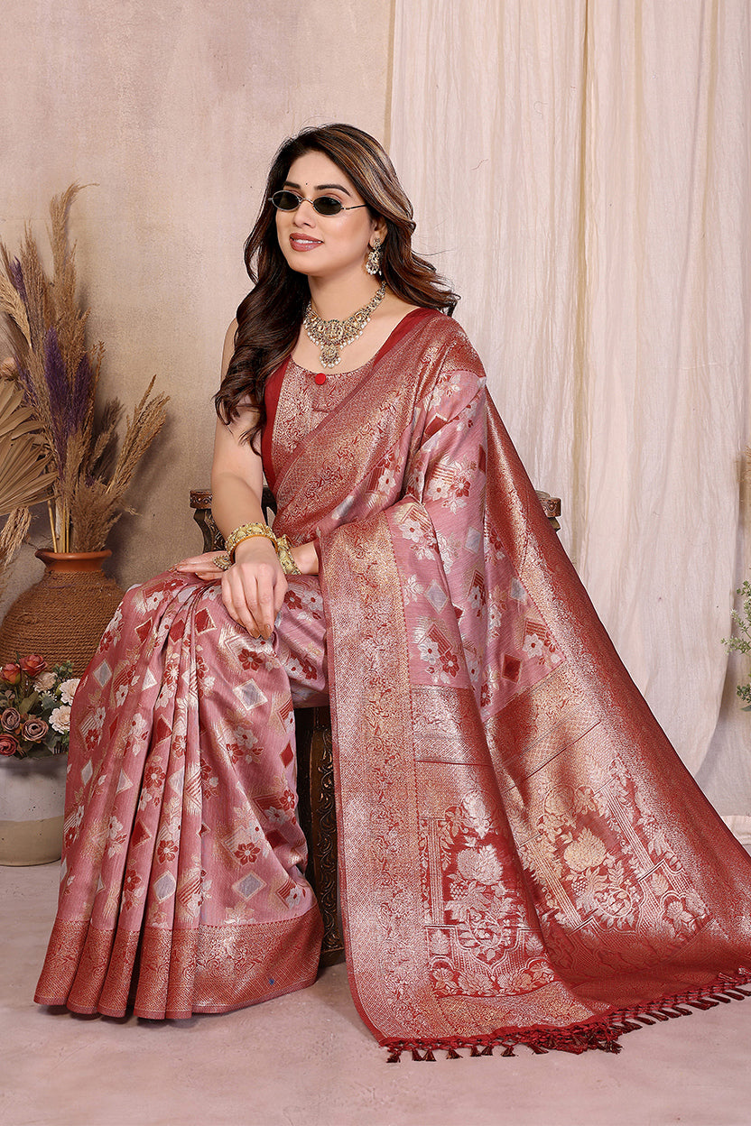 Red Cotton Blend Jacquard Zari Saree