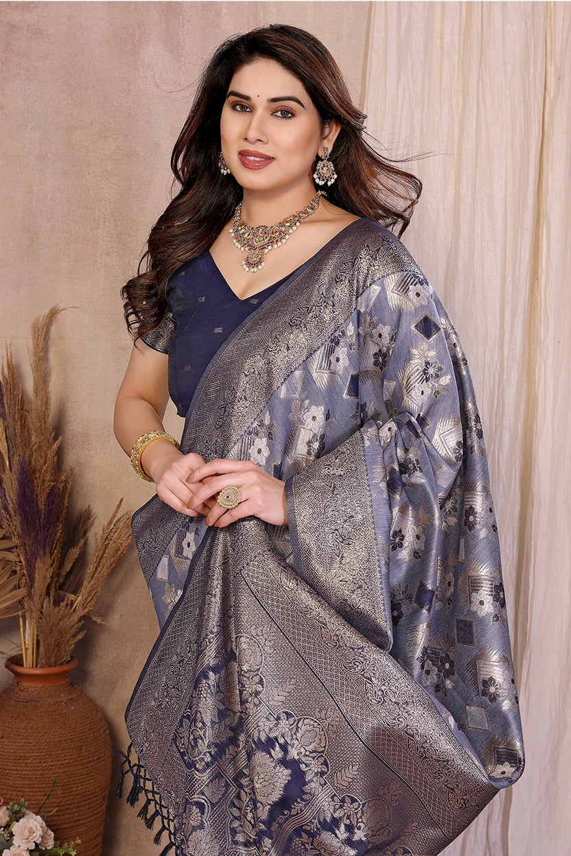 Blue Cotton Blend Jacquard Zari Saree