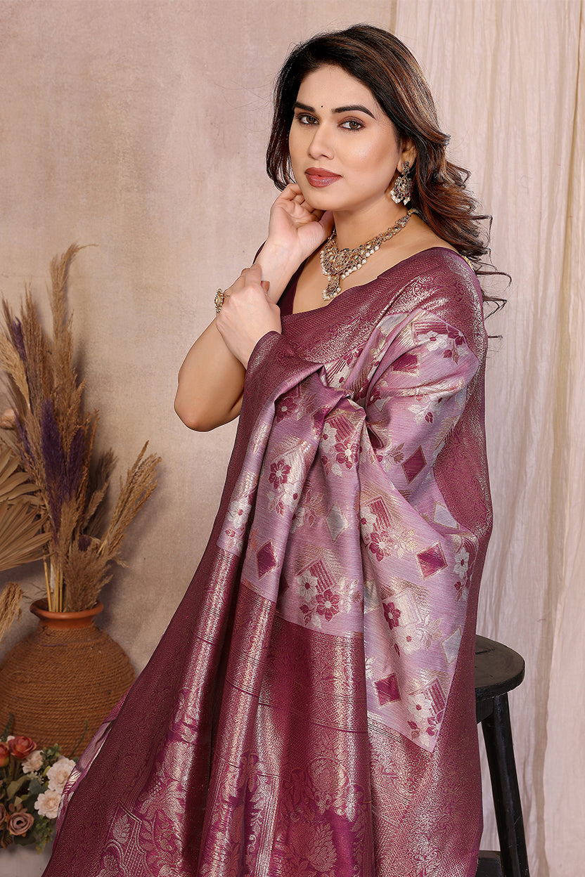 Purple Cotton Blend Jacquard Zari Saree
