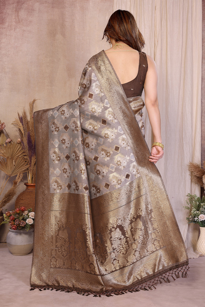 Brown Cotton Blend Jacquard Zari Saree