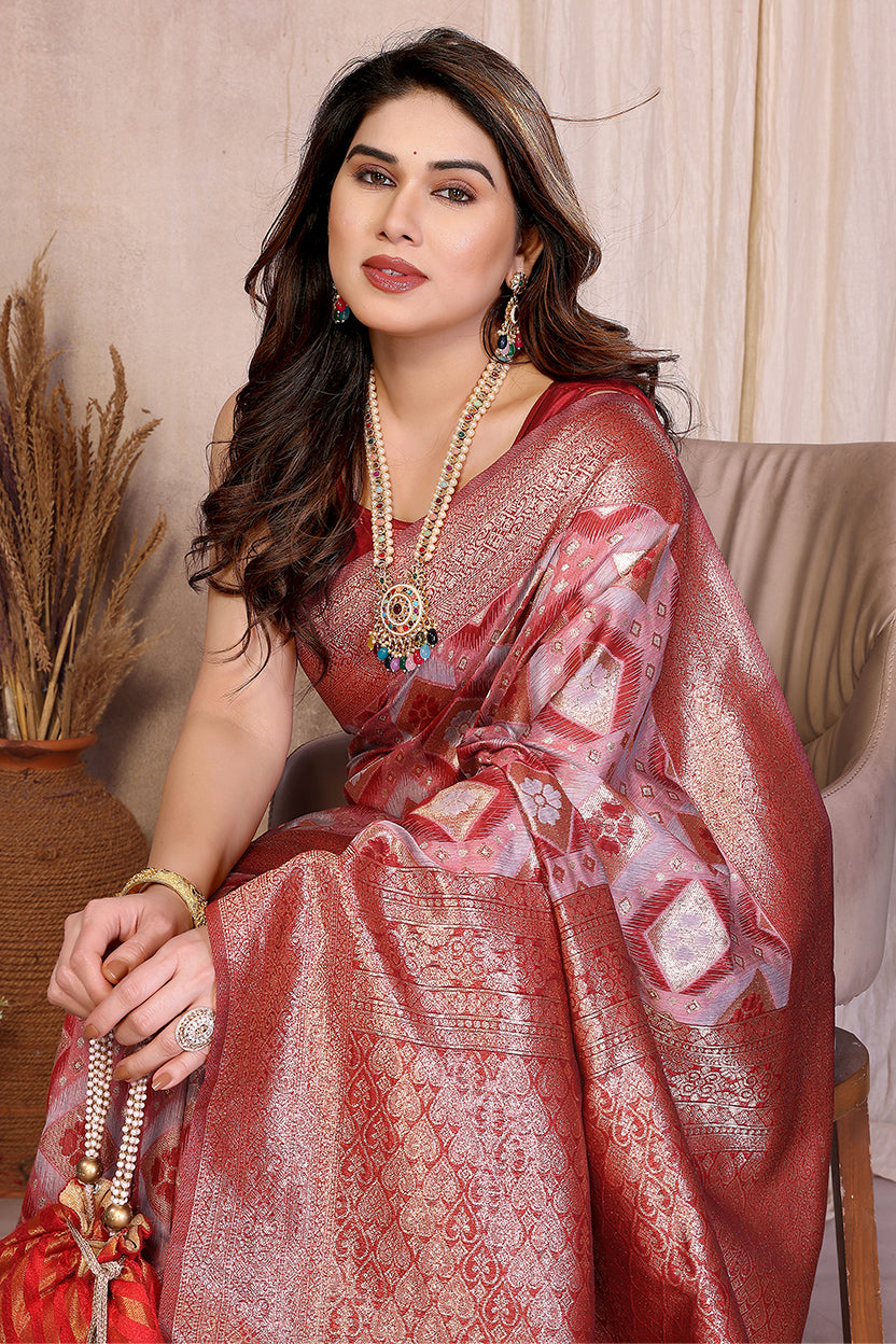 Red Cotton Blend Jacquard Zari Saree