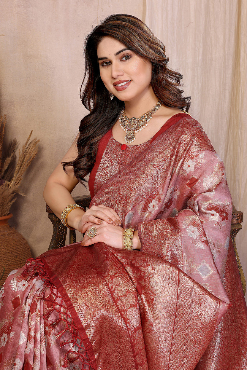 Red Cotton Blend Jacquard Zari Saree