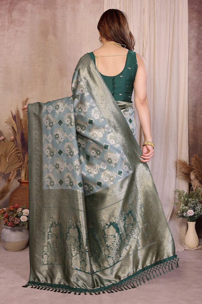 Green Cotton Blend Jacquard Zari Saree