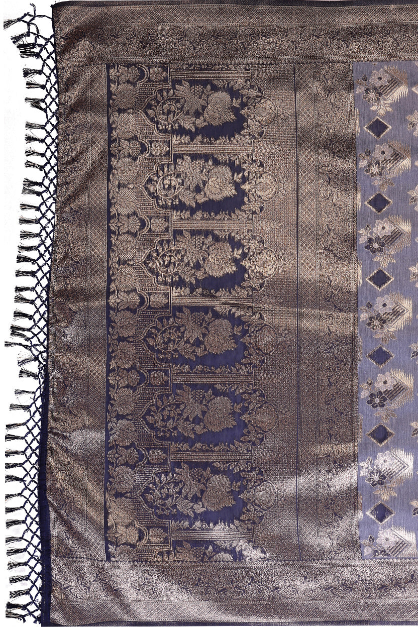 Blue Cotton Blend Jacquard Zari Saree
