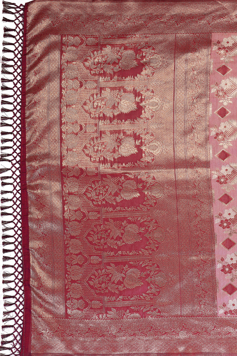 Red Cotton Blend Jacquard Zari Saree