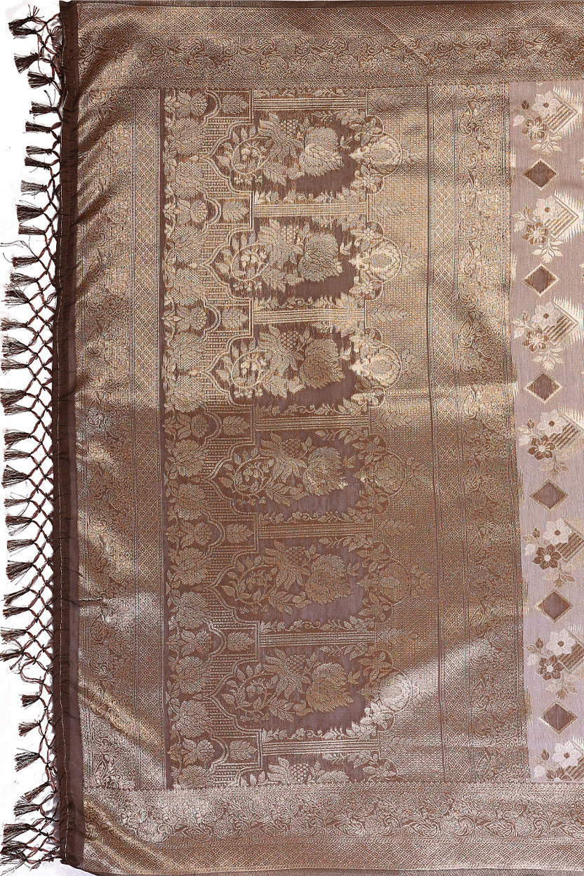 Brown Cotton Blend Jacquard Zari Saree