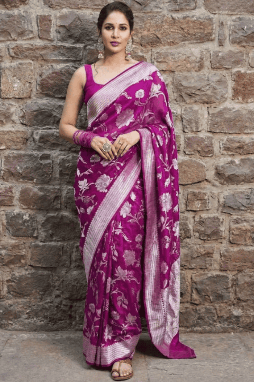 Purple Floral Silk Blend Saree