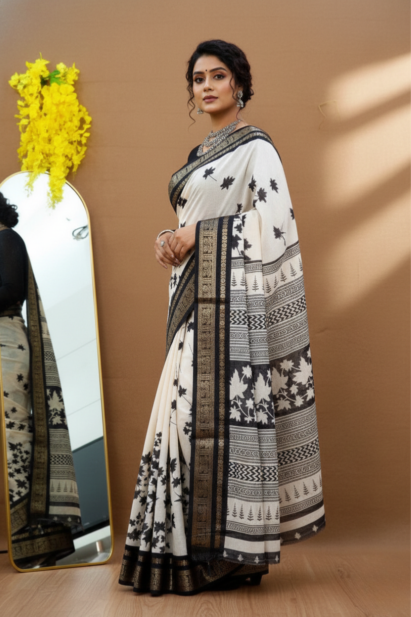 White Printed Cotton Silk Blend Saree