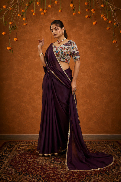 Wine Solid Plain Georgette Saree