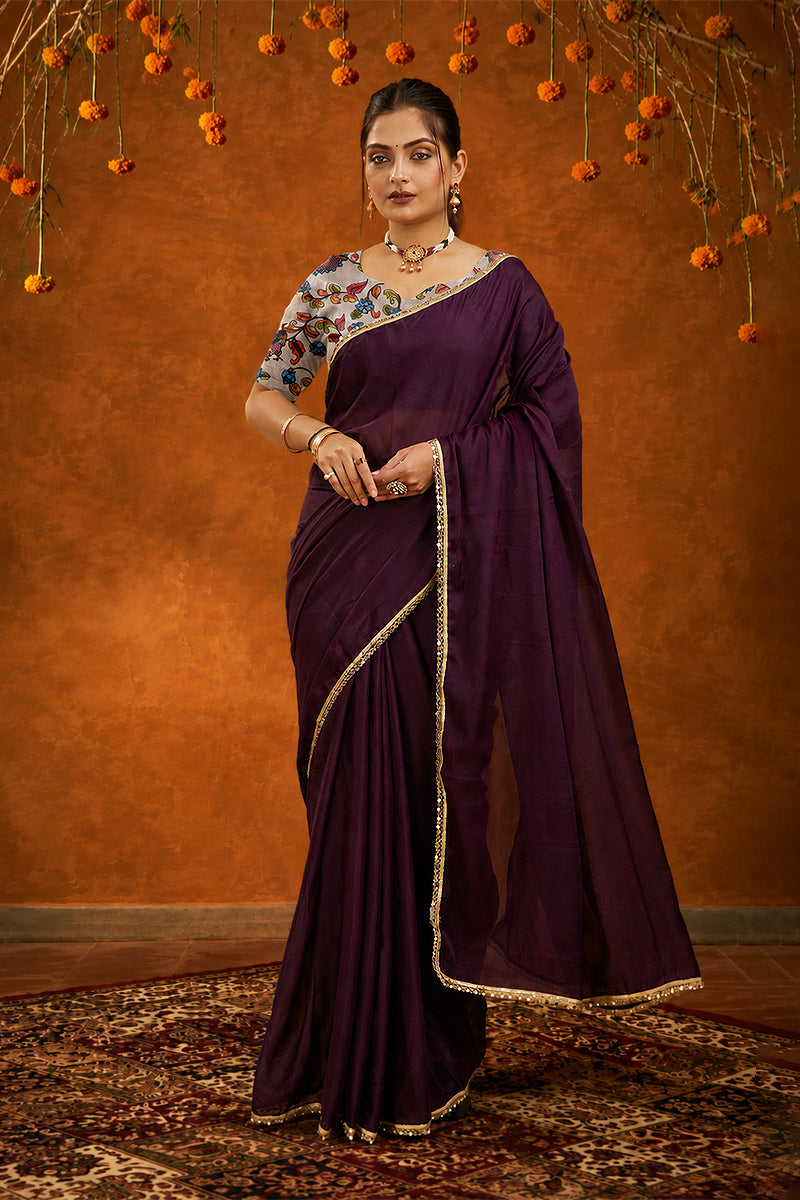 Wine Solid Plain Georgette Saree