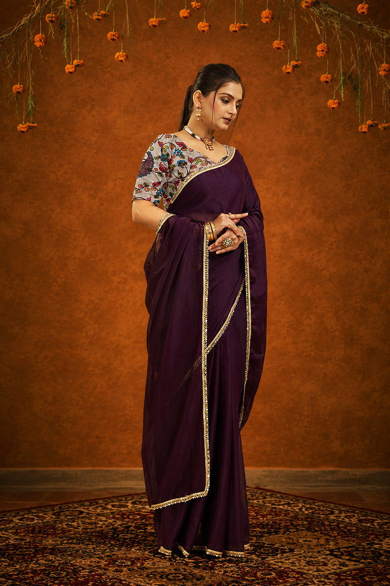 Wine Solid Plain Georgette Saree