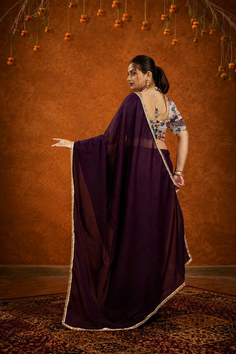 Wine Solid Plain Georgette Saree