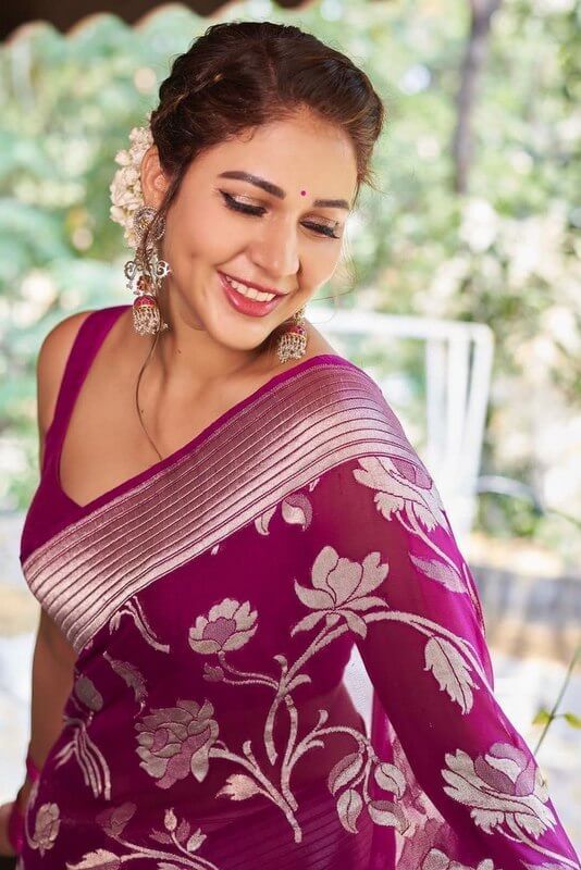 Purple Floral Silk Blend Saree