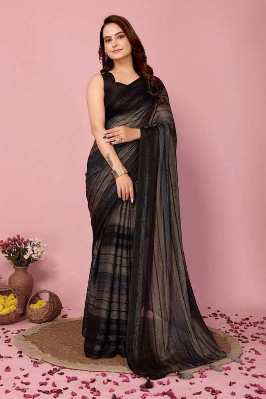 Black Ready To Wear Shimmer Nylon Silk Saree