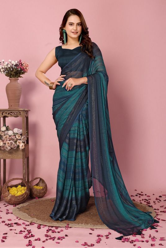 Blue Ready To Wear Shimmer Nylon Silk Saree