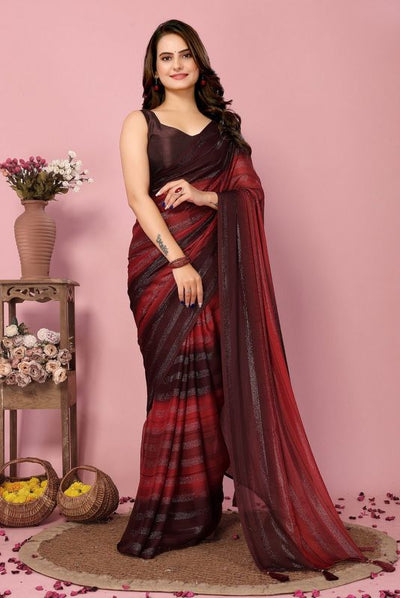 Red Ready To Wear Shimmer Nylon Silk Saree