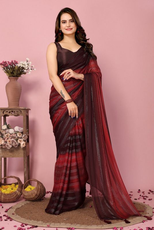 Red Ready To Wear Shimmer Nylon Silk Saree