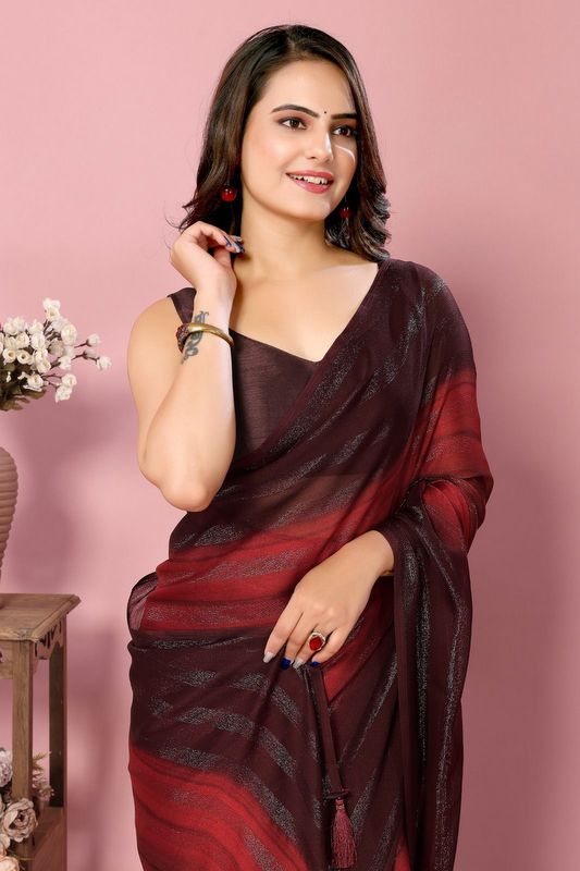 Red Ready To Wear Shimmer Nylon Silk Saree