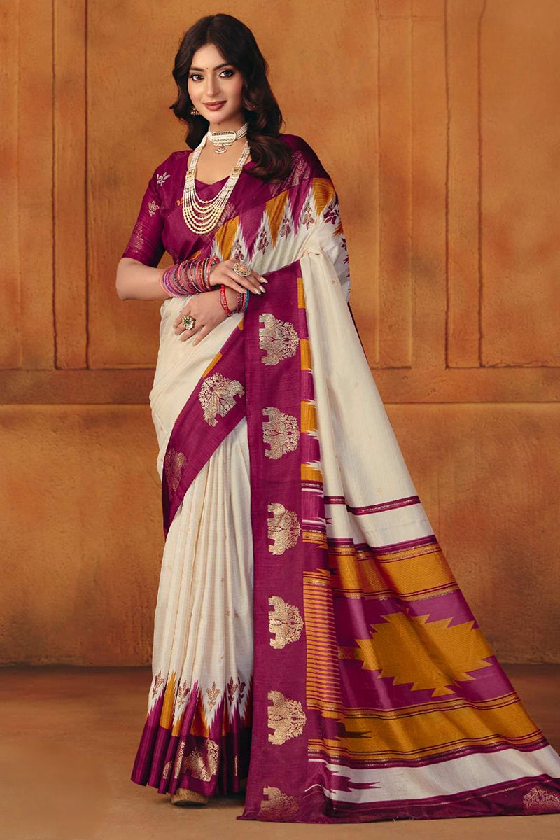 White Manipuri Printed Saree With Foil Work