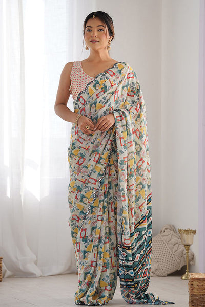 White Printed Georgette Saree