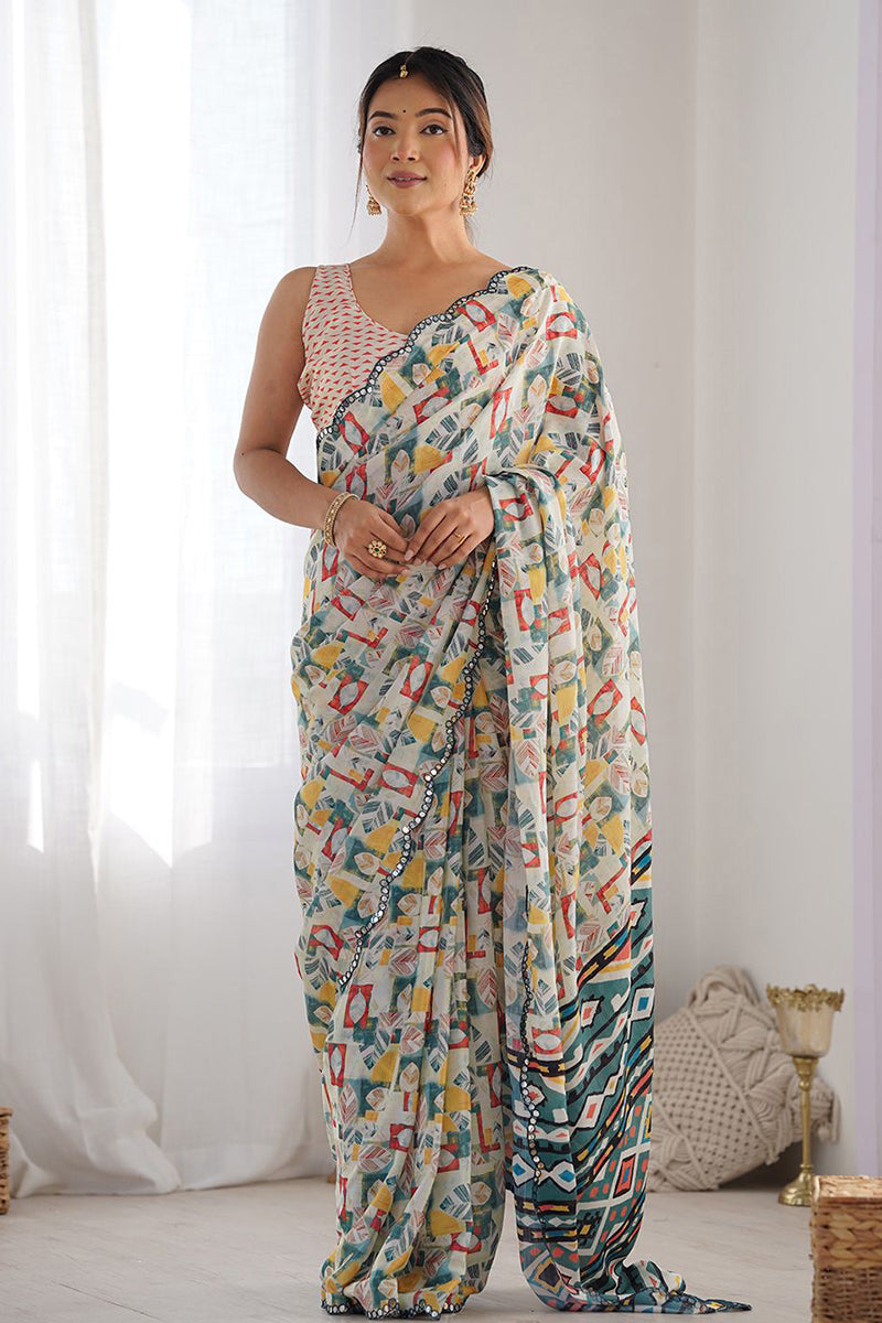 White Printed Georgette Saree
